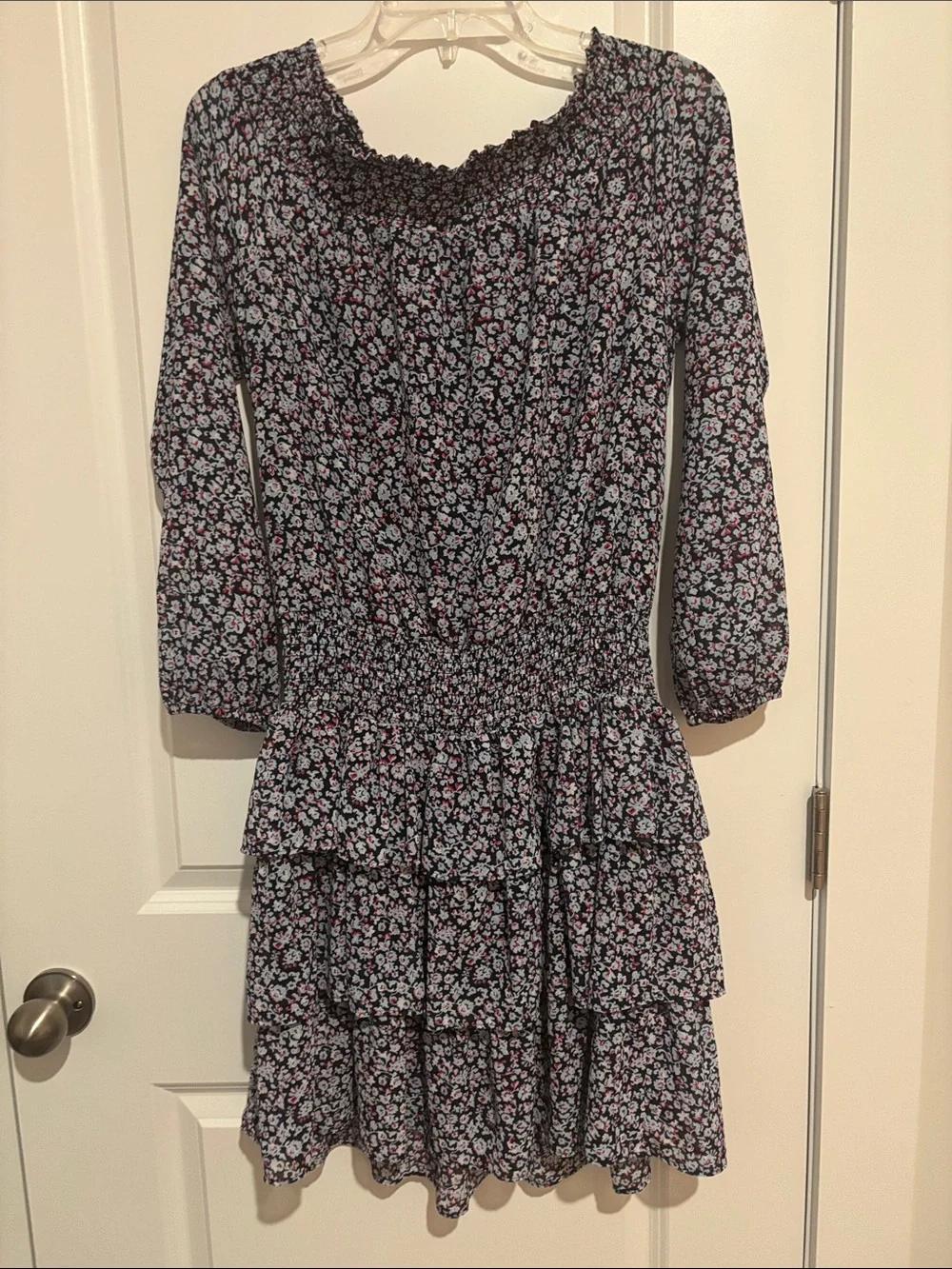 Michael Kors Black Smocked Off-Shoulder Floral  Dress